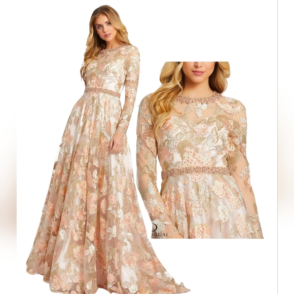 Mac Duggal Floral Embroidered Long Sleeve Dress, A-Line Gown in Cream Peachy NWT - Picture 2 of 15